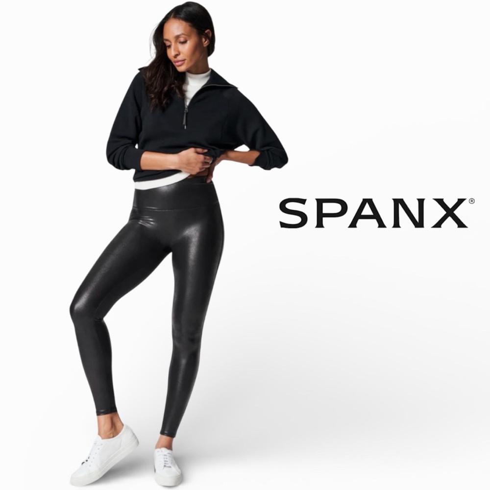 SPANX $98 Faux Leather Shiny Coated Shaping Slim Leg Leggings Black, XL
